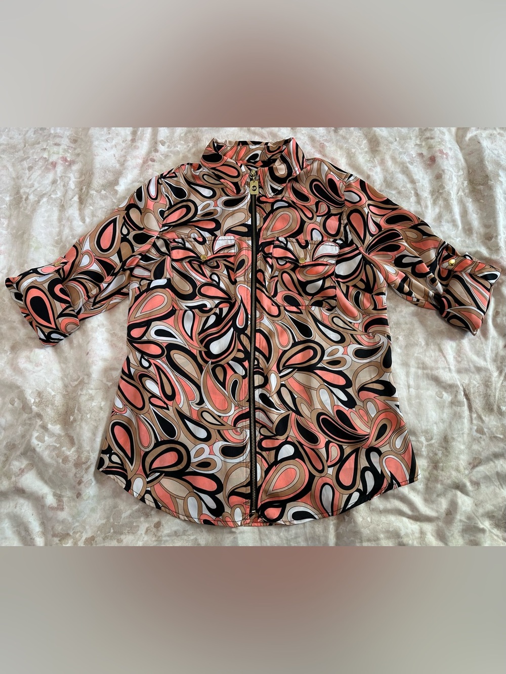 Michael Kors Zip-Front Abstract Print Blouse in Coral, Black & Tan